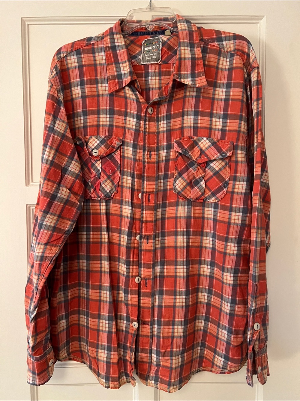 True Grit Red and Navy Plaid Men's Button-Down Shirt